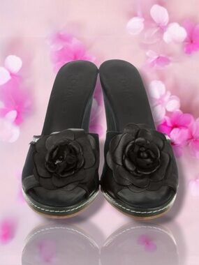 💗CHANEL Canvas Leather Camellia Slide On Platform Wedge Sandals • BLACK • 36.5EU